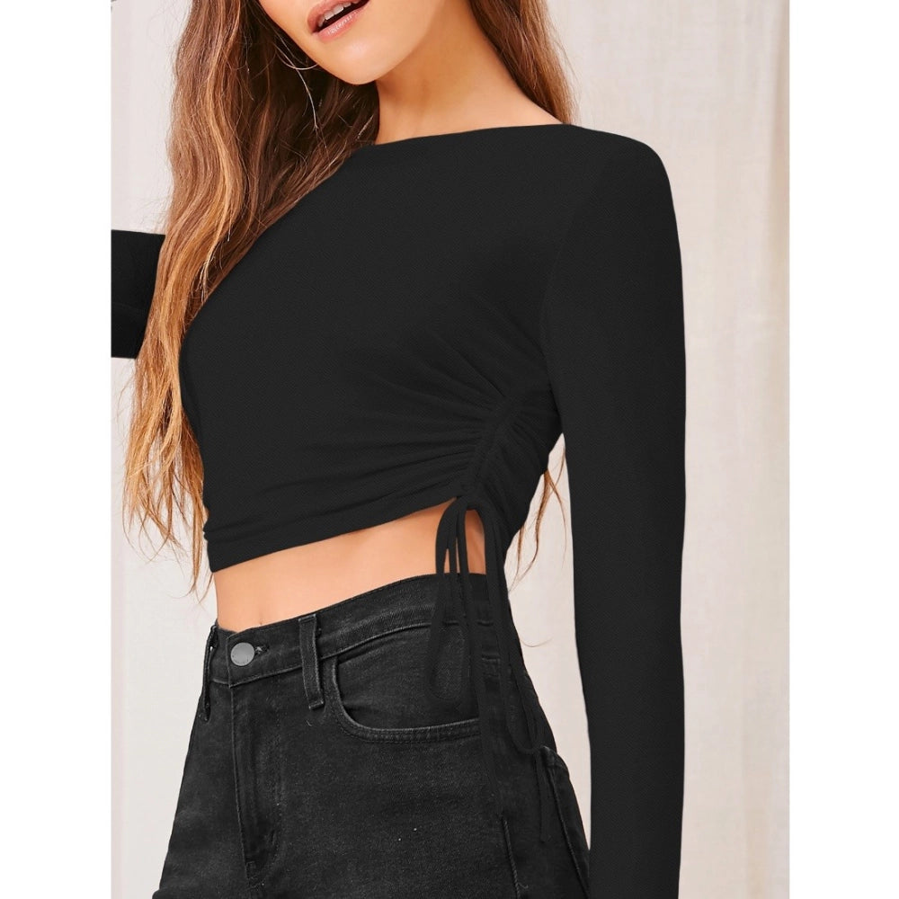 Women'S Polyester Solid Round Neck Full Sleeve Top (Black)