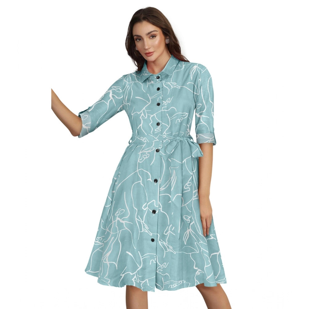 Women'S Ruby Cotton Printed Shirt Collar 3-4Th Sleeve Dress (P