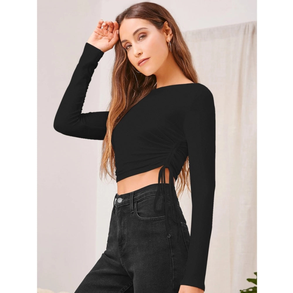 Women'S Polyester Solid Round Neck Full Sleeve Top (Black)
