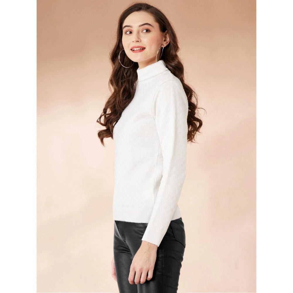 Women'S Polyester Solid High Neck Full Sleeve T-Shirt (White)