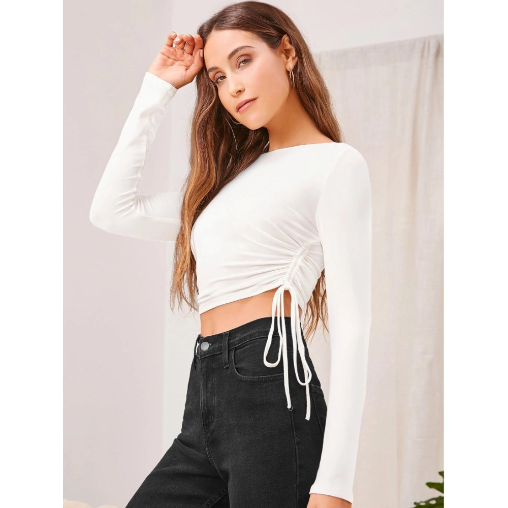 Women'S Polyester Solid Round Neck Full Sleeve Top (White)