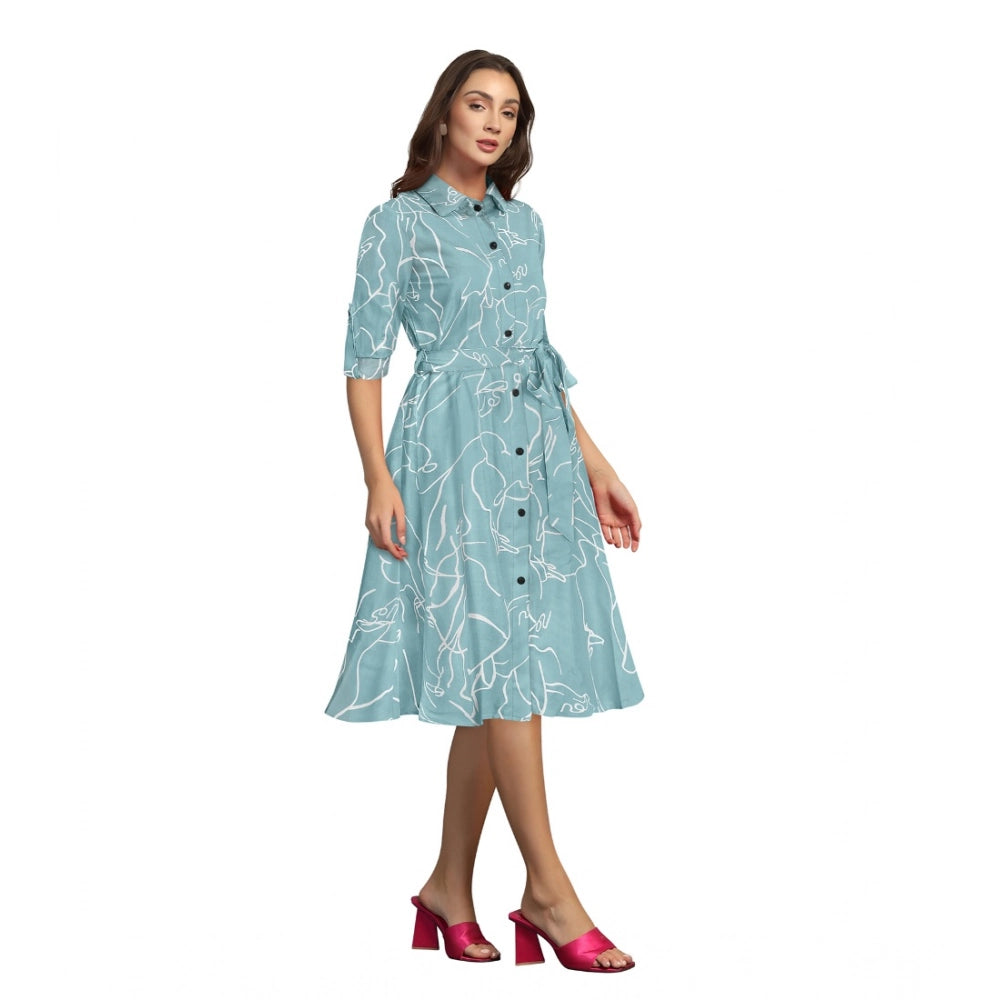 Women'S Ruby Cotton Printed Shirt Collar 3-4Th Sleeve Dress (P