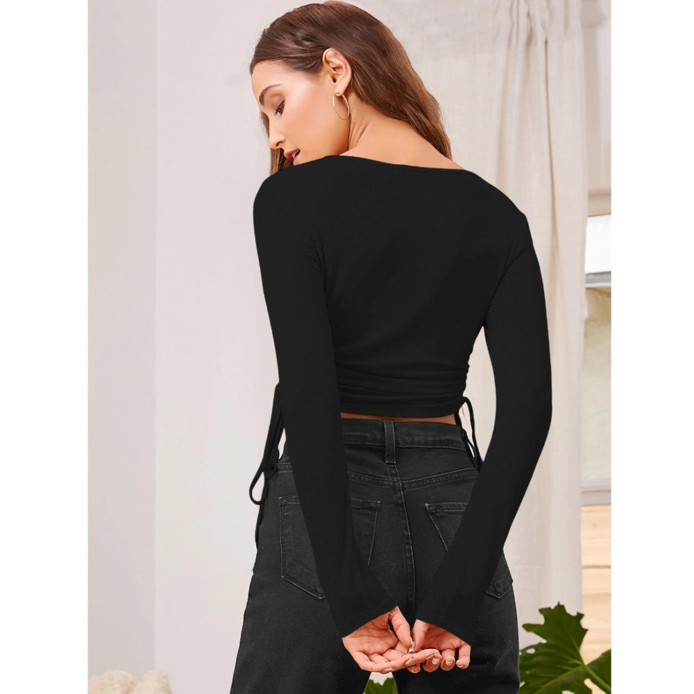 Women'S Polyester Solid Round Neck Full Sleeve Top (Black)