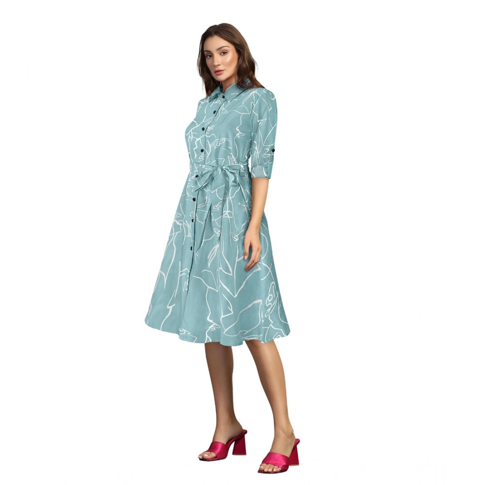 Women'S Ruby Cotton Printed Shirt Collar 3-4Th Sleeve Dress (P