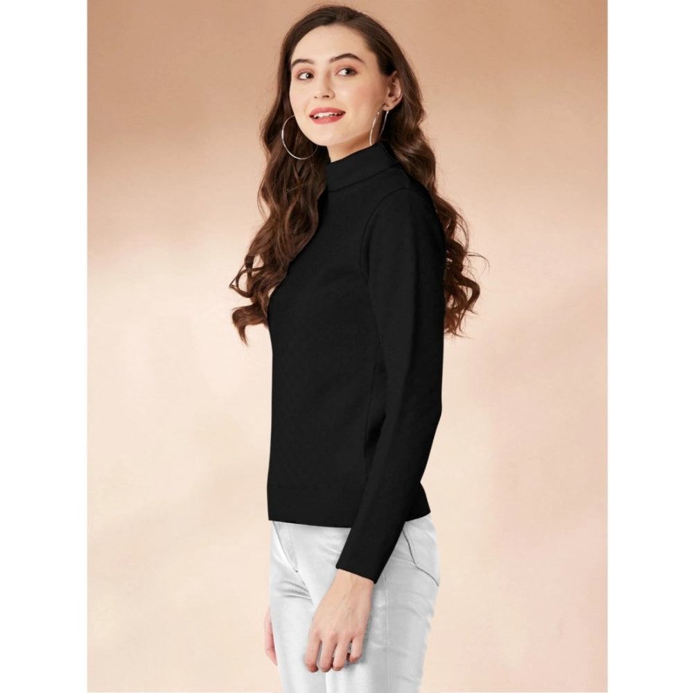 Women'S Polyester Solid High Neck Full Sleeve T-Shirt (Black)