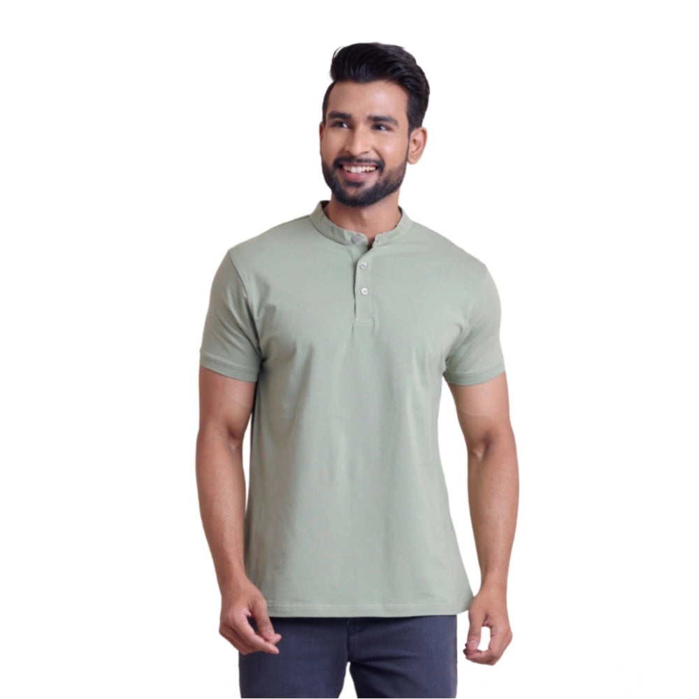 Men'S Casual Cotton Solid Half Sleeve Mandarin Collar T-Shirt