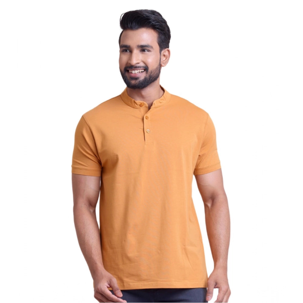 Men'S Casual Cotton Solid Half Sleeve Mandarin Collar T-Shirt