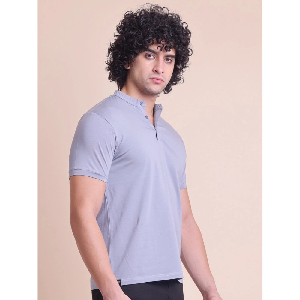Men'S Casual Cotton Solid Half Sleeve Mandarin Collar T-Shirt