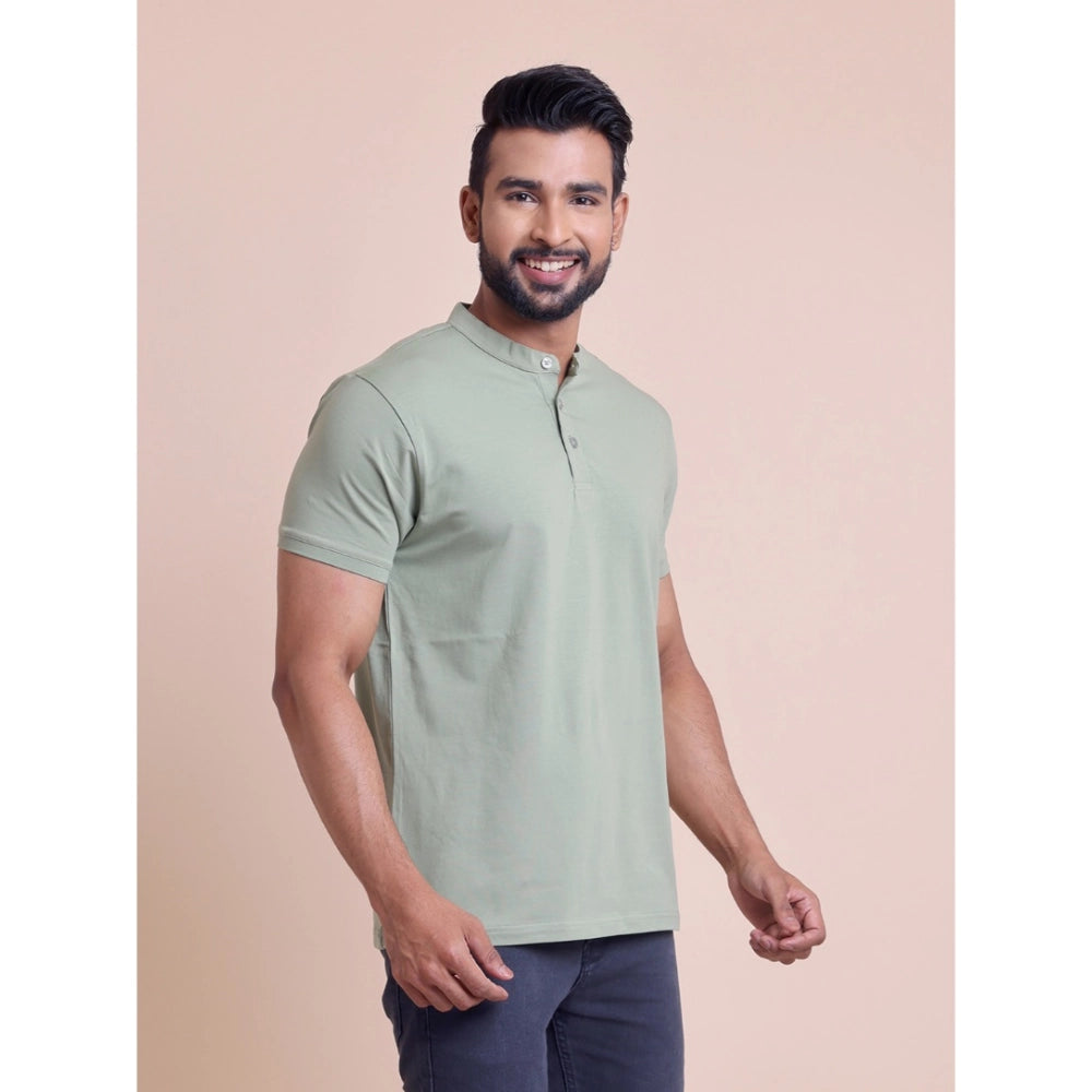 Men'S Casual Cotton Solid Half Sleeve Mandarin Collar T-Shirt