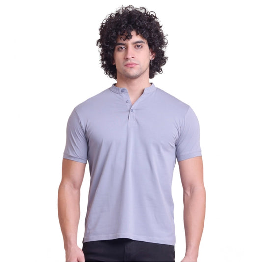 Men'S Casual Cotton Solid Half Sleeve Mandarin Collar T-Shirt
