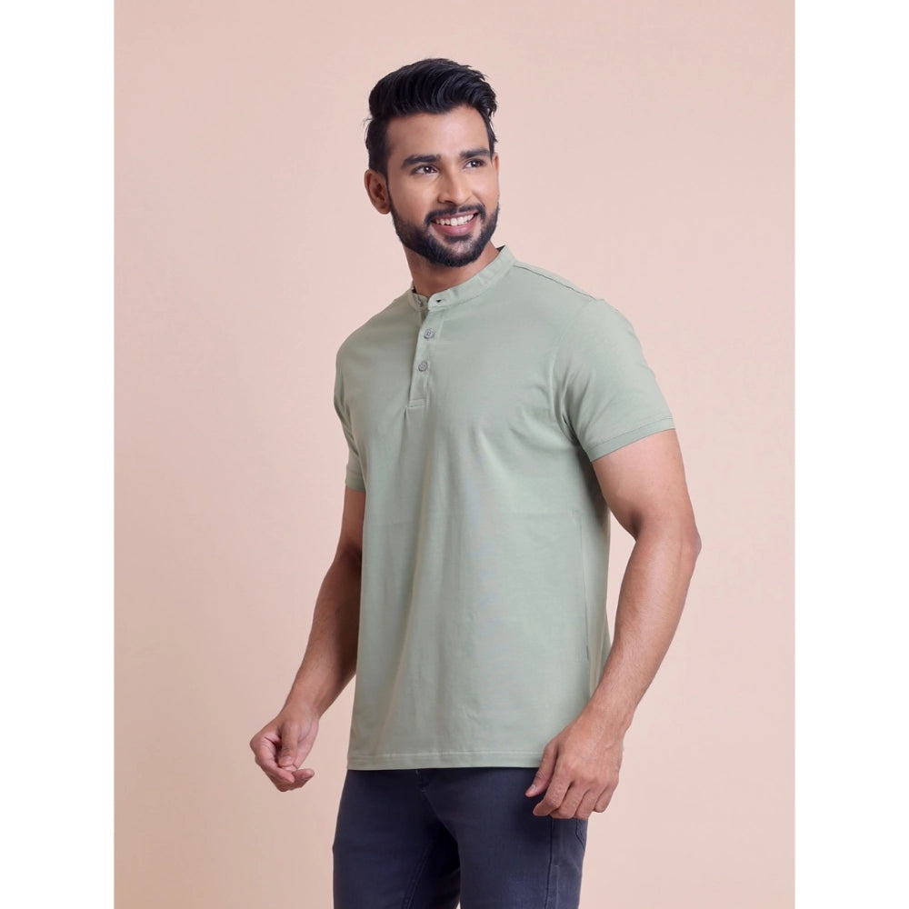 Men'S Casual Cotton Solid Half Sleeve Mandarin Collar T-Shirt