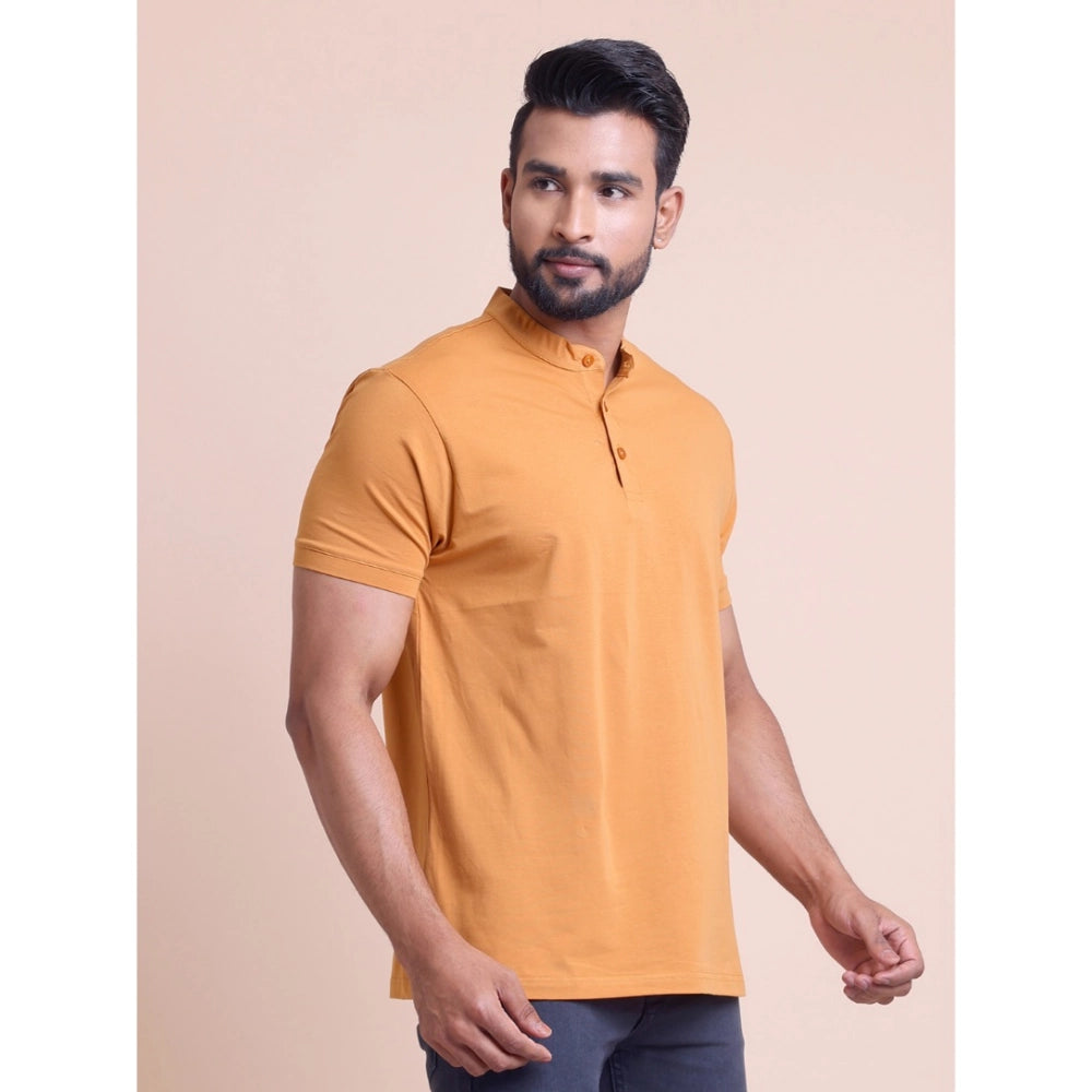 Men'S Casual Cotton Solid Half Sleeve Mandarin Collar T-Shirt