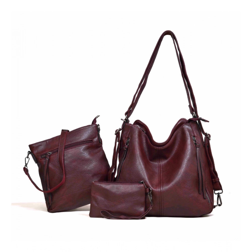 Women'S Pu Leather Medium Shoulder Zipper Handbag (Wine Red)
