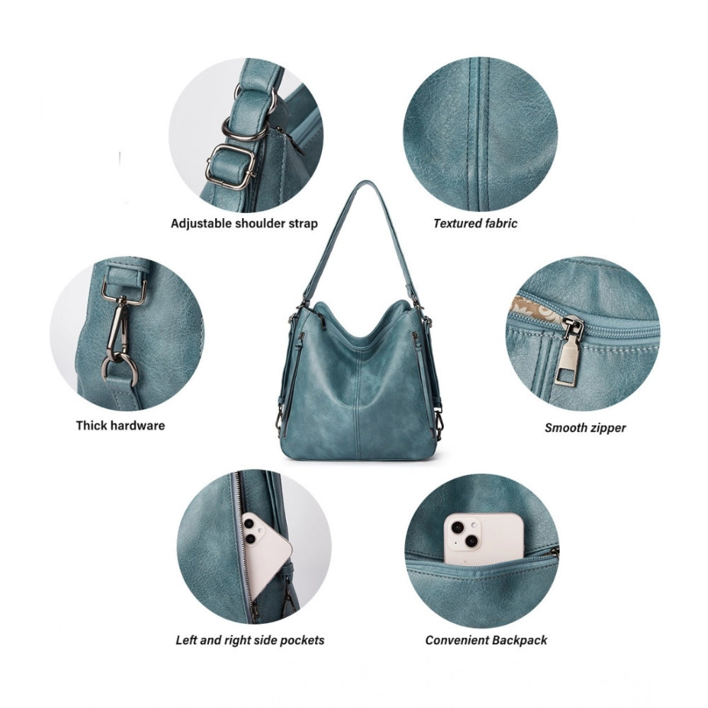 Women's PU Leather Medium Shoulder Zipper Handbag (Blue)