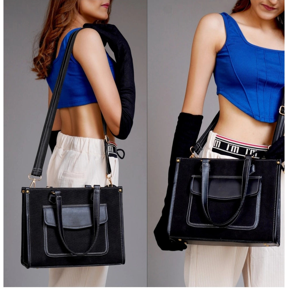 Women'S Canvas Medium Top Handle Satchel Zipper Handbag (Black