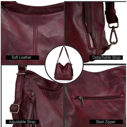 Women's PU Leather Medium Shoulder Zipper Handbag (Wine red)