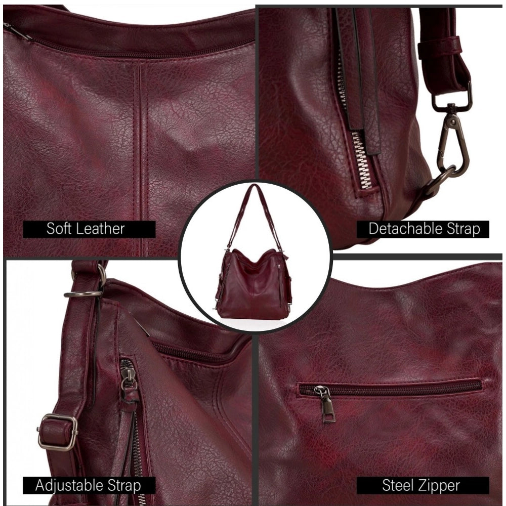 Women'S Pu Leather Medium Shoulder Zipper Handbag (Wine Red)