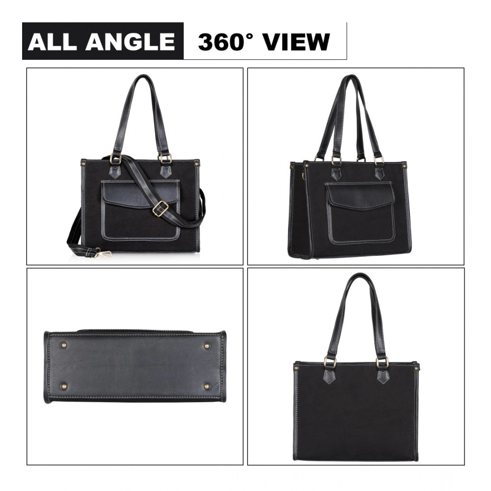 Women'S Canvas Medium Top Handle Satchel Zipper Handbag (Black
