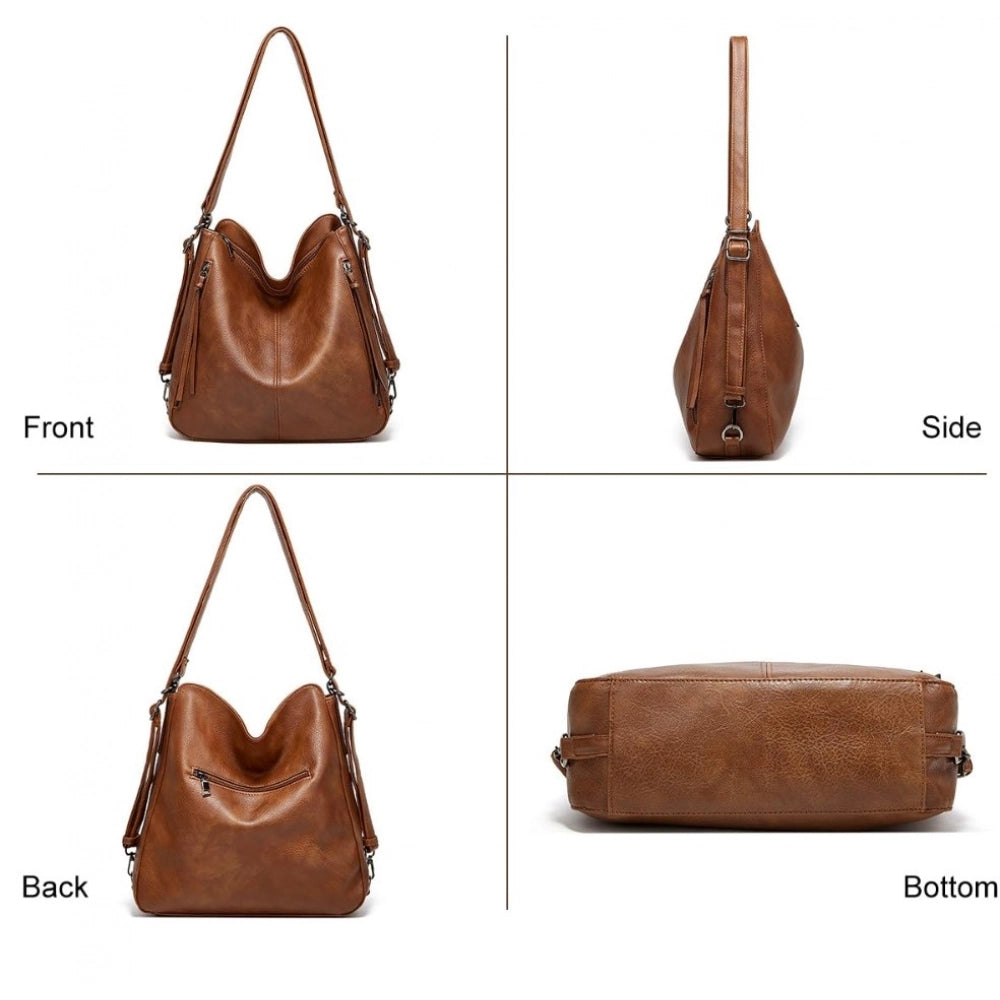 Women'S Pu Leather Medium Shoulder Zipper Handbag (Brown)
