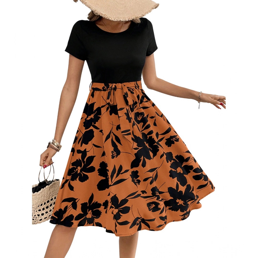 Women'S Knitting Printed Round Neck Short Sleeve Dress (Orange