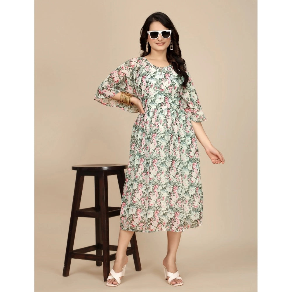 Women'S Georgette Printed Round Neck Short Sleeve Dress (Pink)