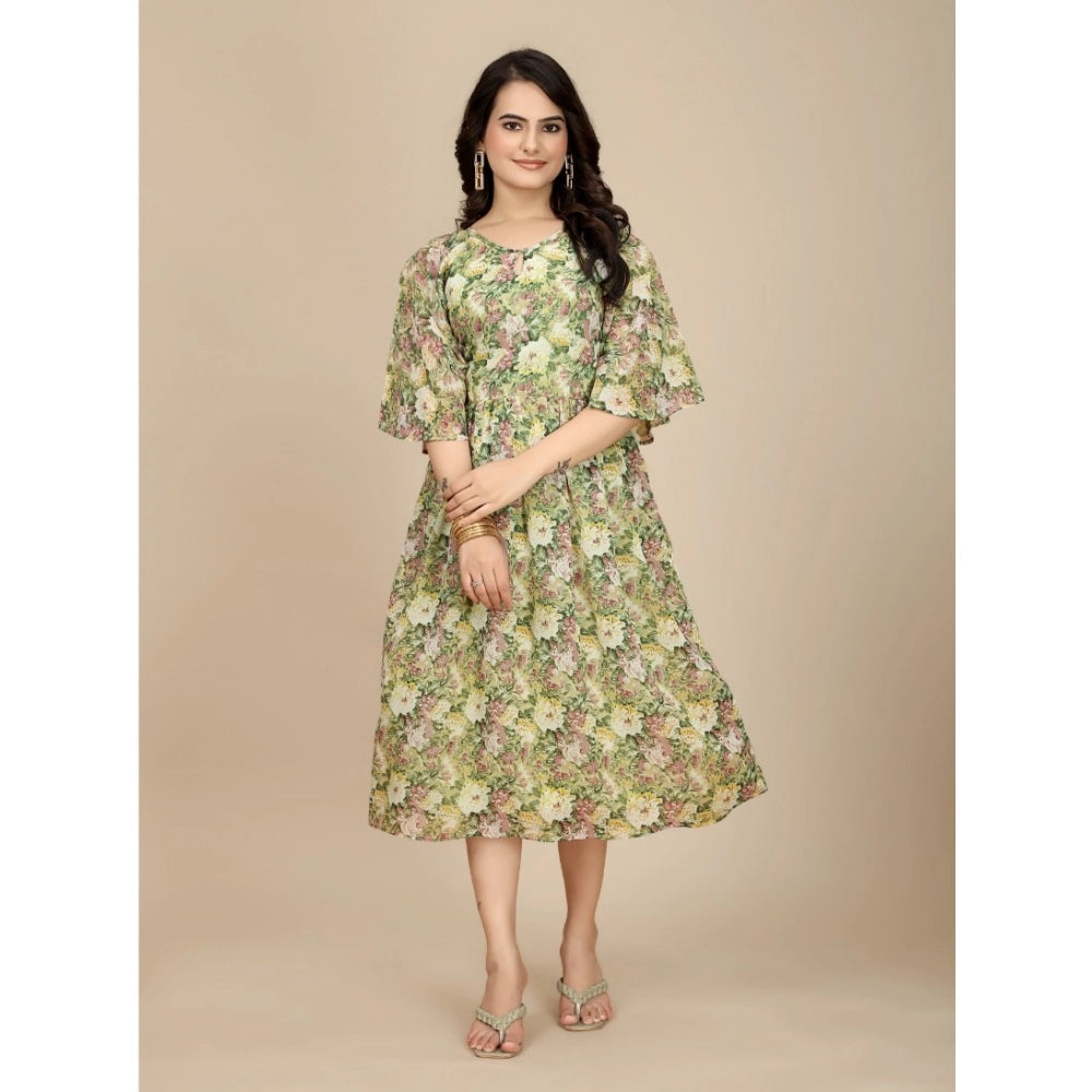 Women'S Georgette Printed Round Neck Short Sleeve Dress (Green
