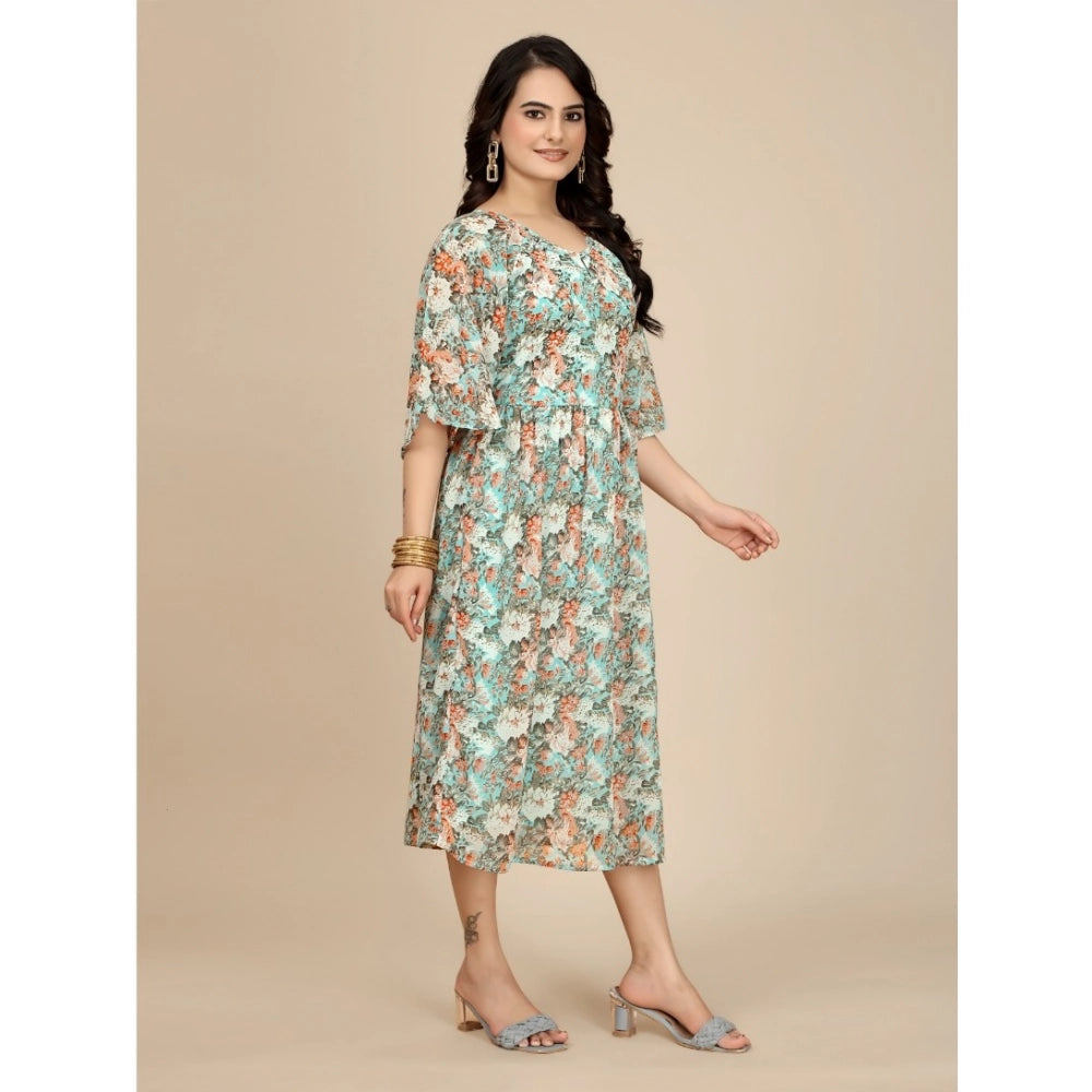 Women'S Georgette Printed Round Neck Short Sleeve Dress (Multi