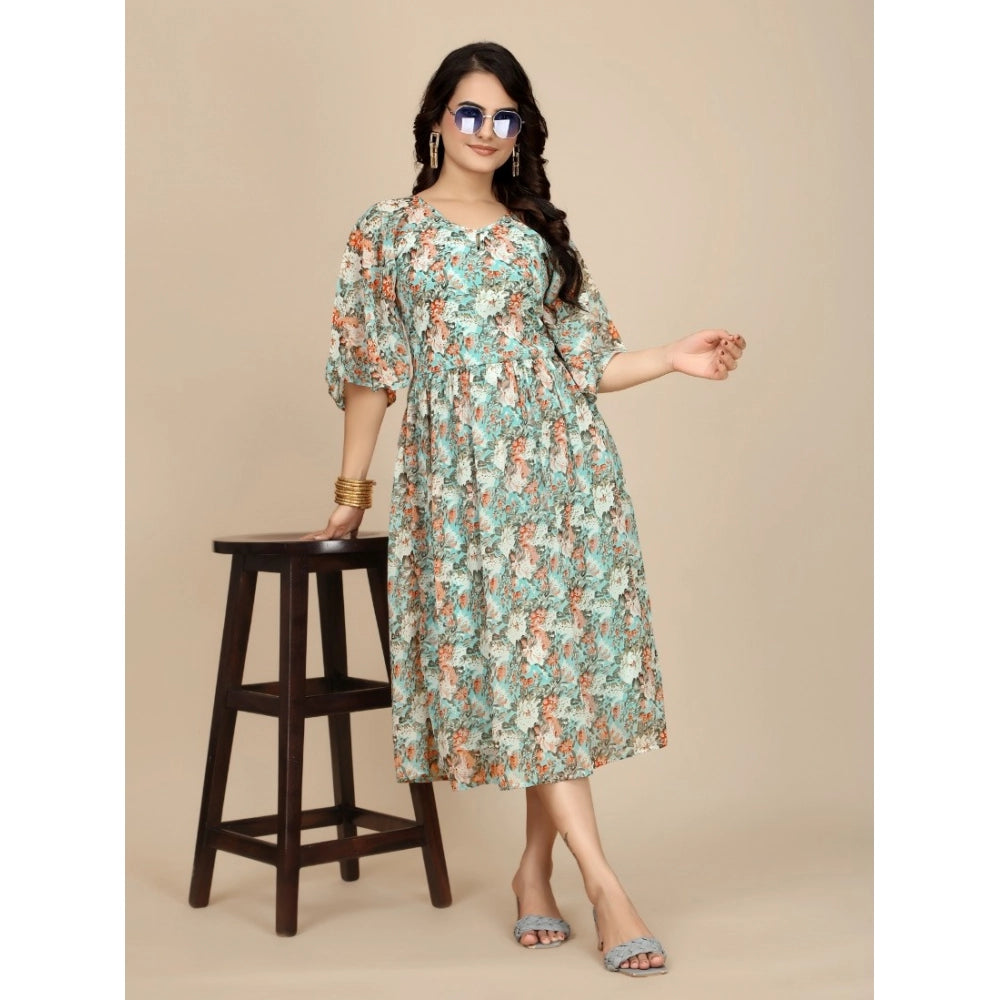 Women'S Georgette Printed Round Neck Short Sleeve Dress (Multi