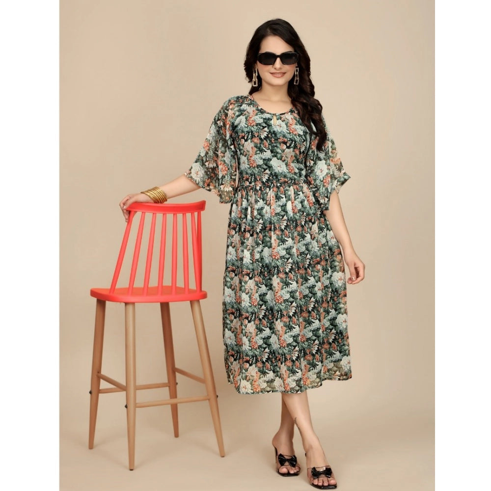 Women'S Georgette Printed Round Neck Short Sleeve Dress (Black