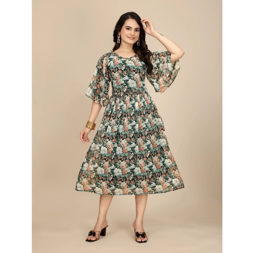 Women'S Georgette Printed Round Neck Short Sleeve Dress (Black