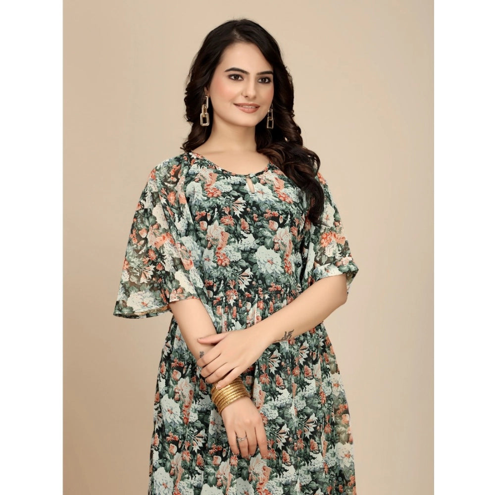 Women'S Georgette Printed Round Neck Short Sleeve Dress (Black
