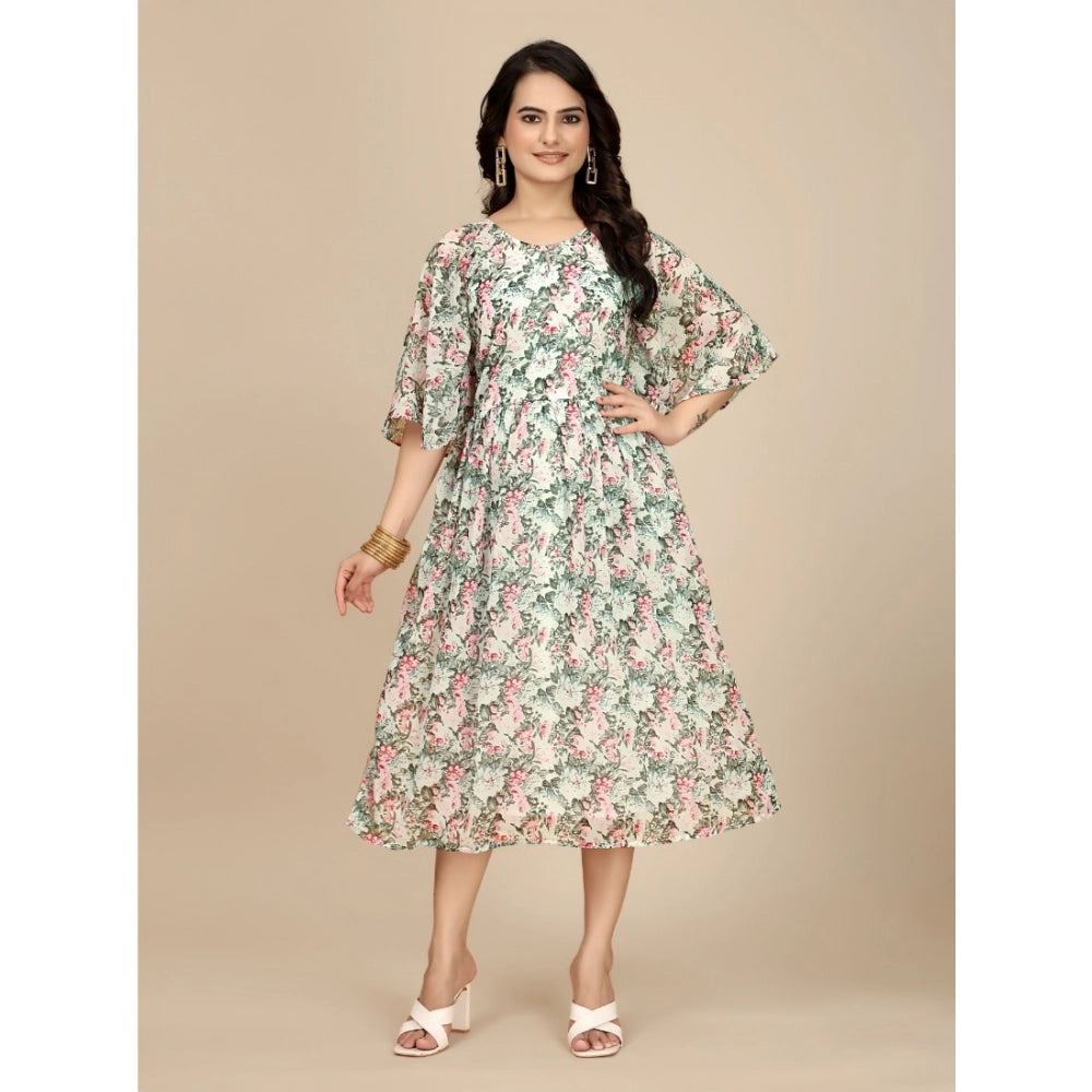 Women'S Georgette Printed Round Neck Short Sleeve Dress (Pink)