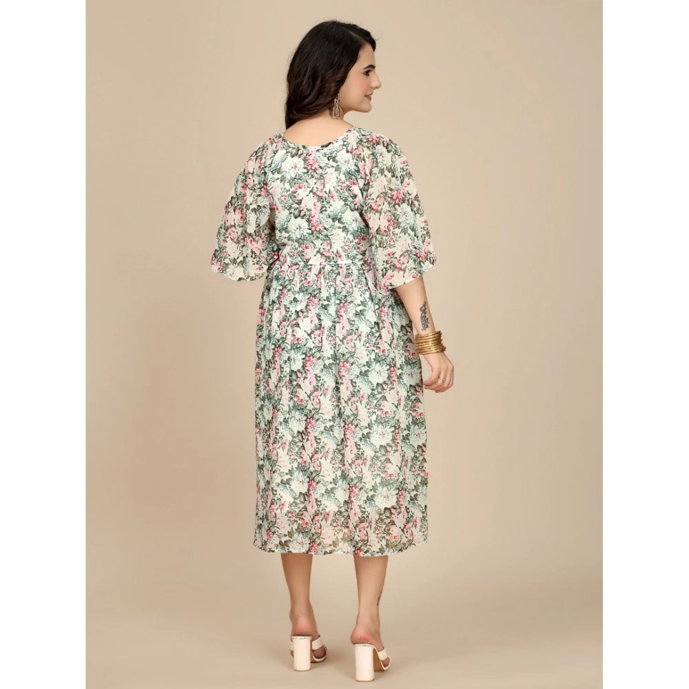 Women'S Georgette Printed Round Neck Short Sleeve Dress (Pink)