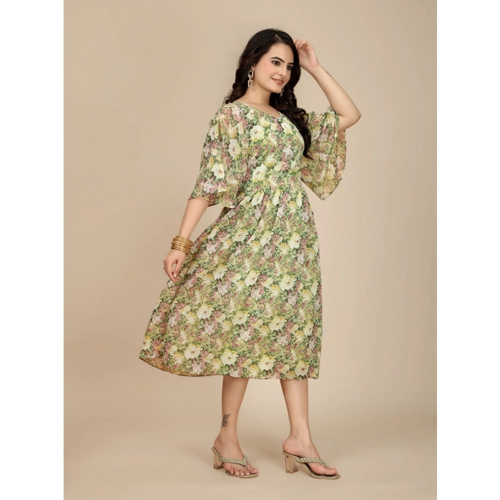 Women'S Georgette Printed Round Neck Short Sleeve Dress (Green