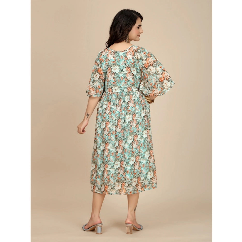 Women'S Georgette Printed Round Neck Short Sleeve Dress (Multi