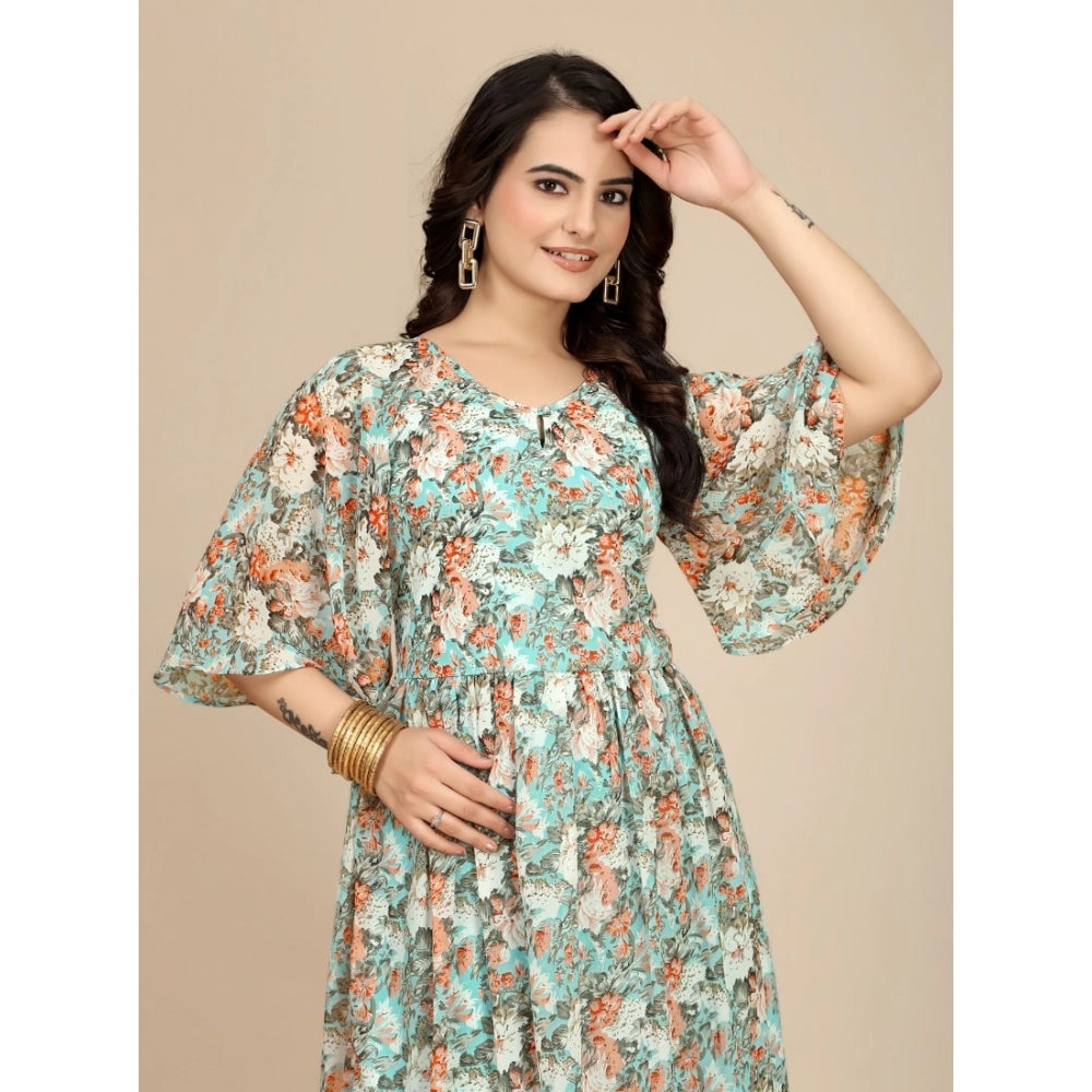 Women'S Georgette Printed Round Neck Short Sleeve Dress (Multi