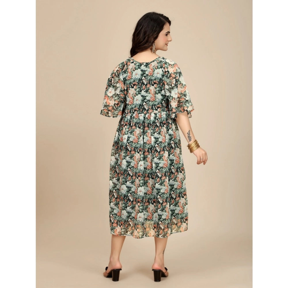 Women'S Georgette Printed Round Neck Short Sleeve Dress (Black