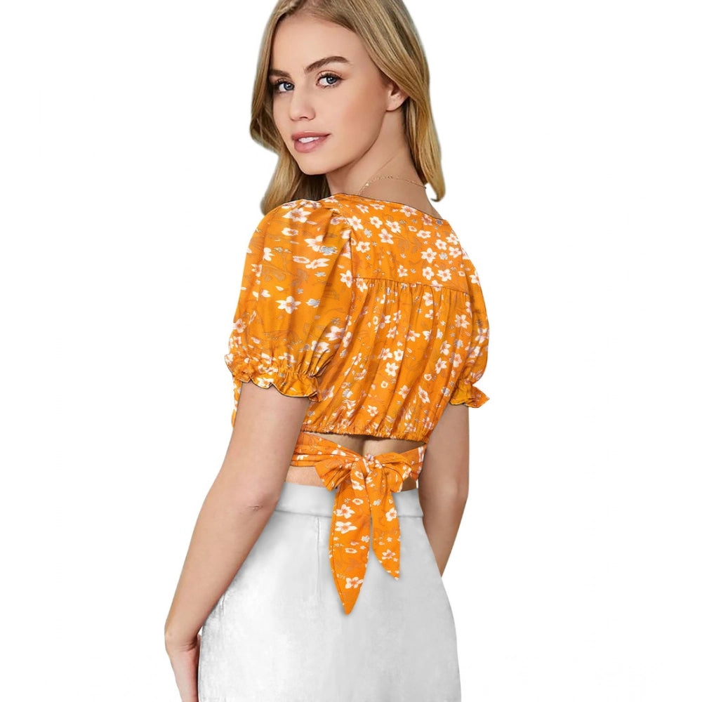 Women'S Knitting Printed V-Neck Puff Sleeve Tops (Yellow)