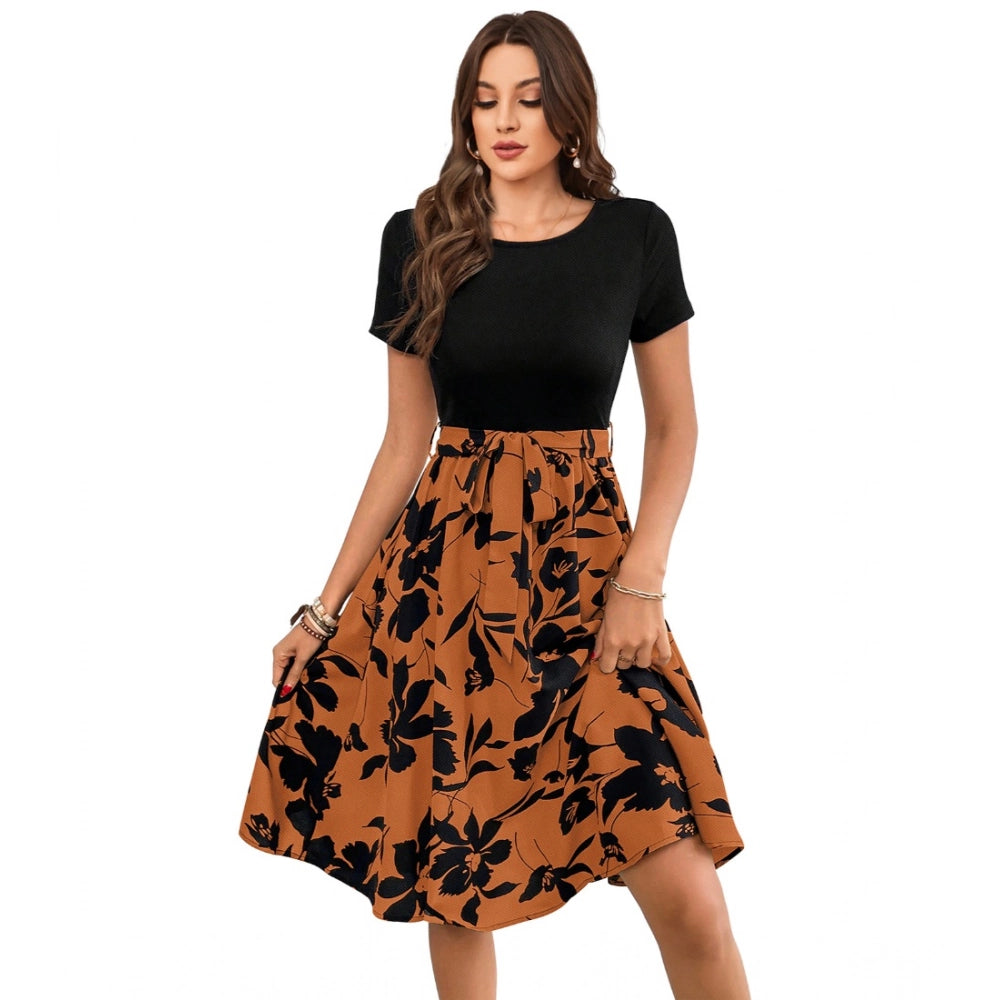 Women'S Knitting Printed Round Neck Short Sleeve Dress (Orange