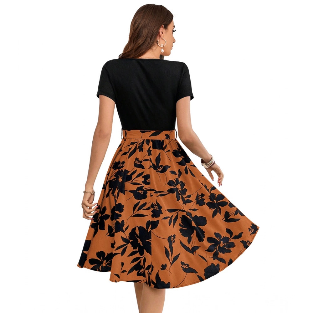 Women'S Knitting Printed Round Neck Short Sleeve Dress (Orange