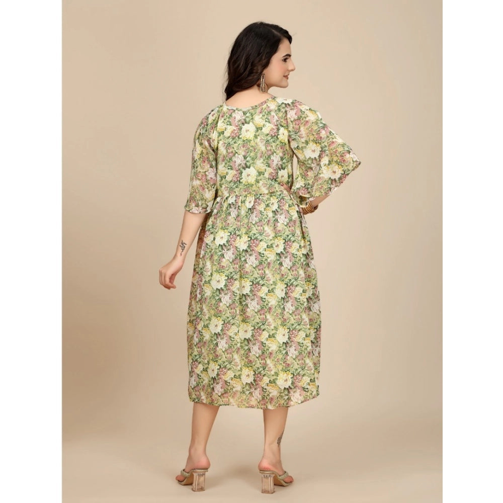 Women'S Georgette Printed Round Neck Short Sleeve Dress (Green