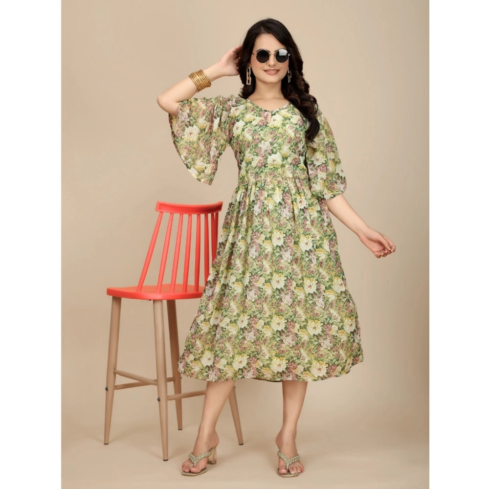 Women'S Georgette Printed Round Neck Short Sleeve Dress (Green