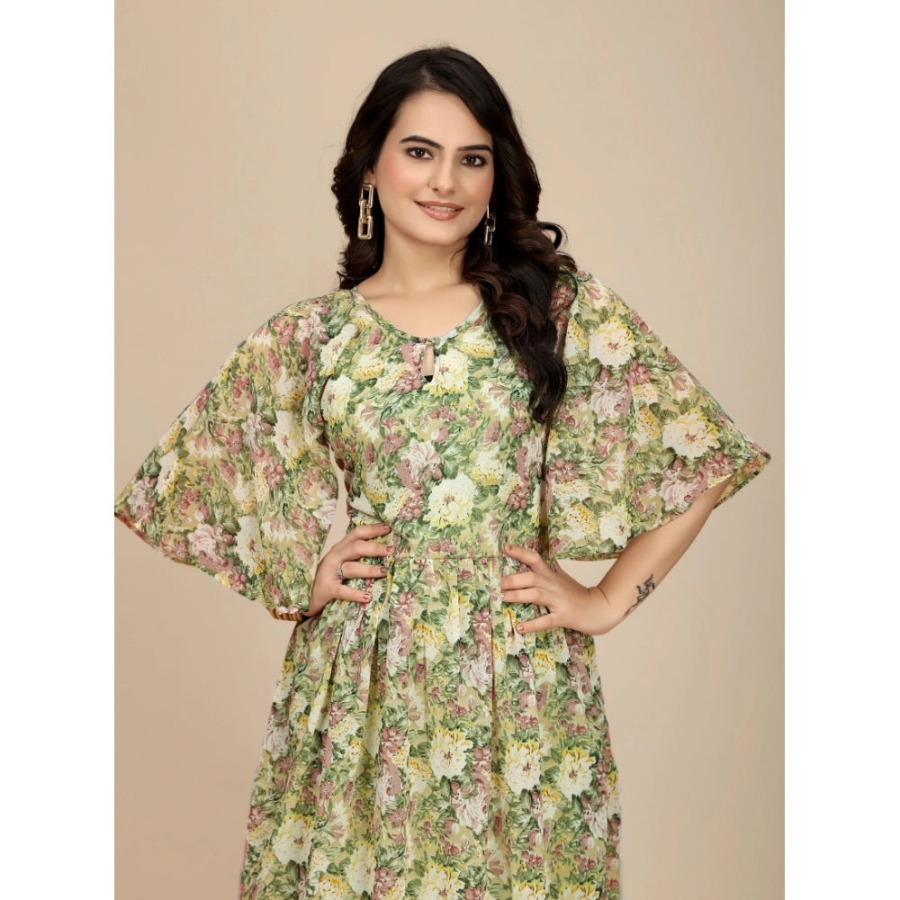 Women'S Georgette Printed Round Neck Short Sleeve Dress (Green
