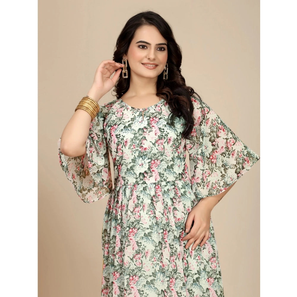 Women'S Georgette Printed Round Neck Short Sleeve Dress (Pink)
