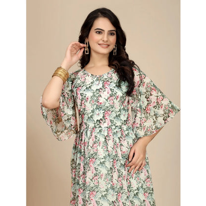 Women's Georgette Printed Round Neck Short Sleeve Dress (Pink)