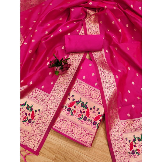 Women's Banarasi Silk Printed Unstitched Salwar Suit Material With Dupatta (Pink, 3Mtrs) - VANSHELLE