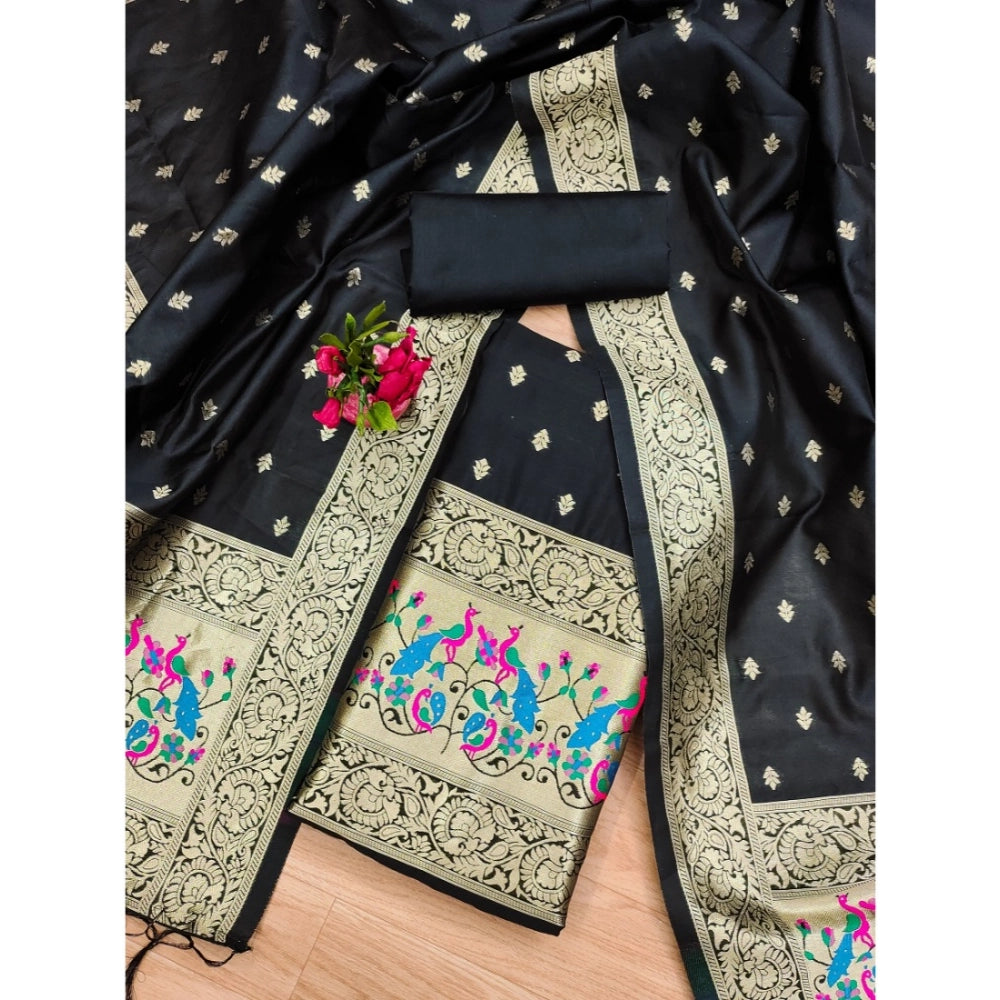 Women's Banarasi Silk Printed Unstitched Salwar Suit Material With Dupatta (Black, 3Mtrs) - VANSHELLE