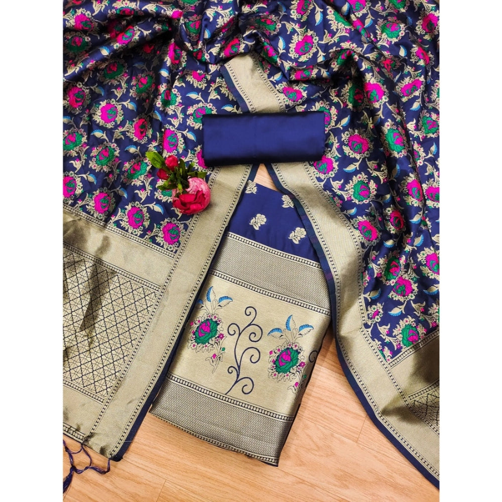 Women's Banarasi Silk Printed Unstitched Salwar Suit Material With Dupatta (Navy Blue, 3Mtrs) - VANSHELLE