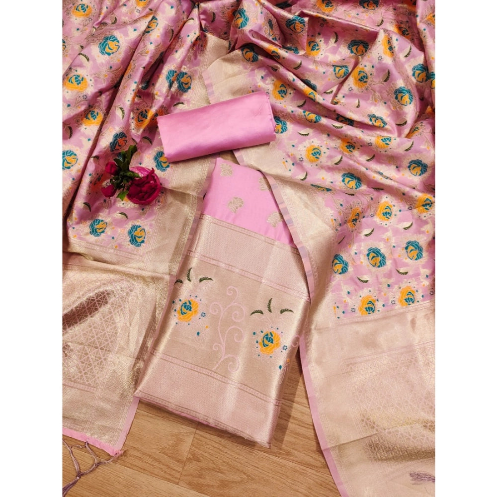Women's Banarasi Silk Printed Unstitched Salwar Suit Material With Dupatta (Pink, 3Mtrs) - VANSHELLE
