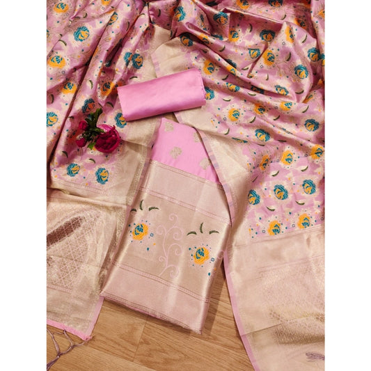 Women's Banarasi Silk Printed Unstitched Salwar Suit Material With Dupatta (Pink, 3Mtrs) - VANSHELLE